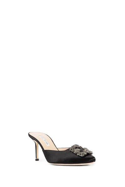 Manolo Blahnik Hangimisu Satin Buckle Mules In Black