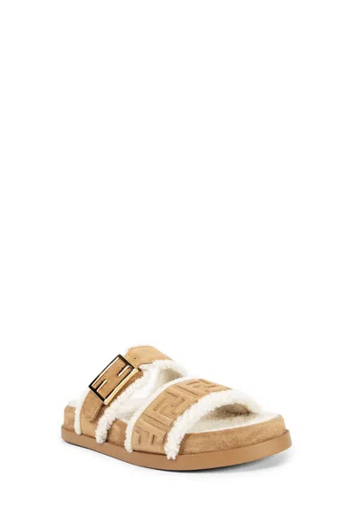 Fendi Ff Suede And Shearling Sandals In Brown