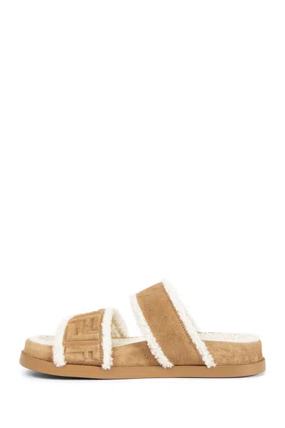 Fendi Ff Suede And Shearling Sandals In Brown