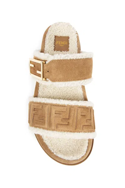 Fendi Ff Suede And Shearling Sandals In Brown