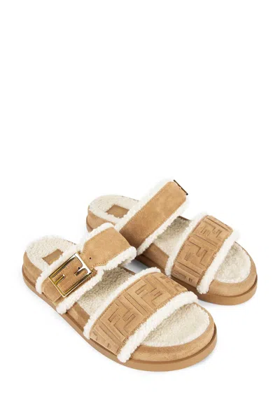 Fendi Ff Suede And Shearling Sandals In Brown