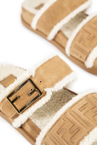 Fendi Ff Suede And Shearling Sandals In Brown
