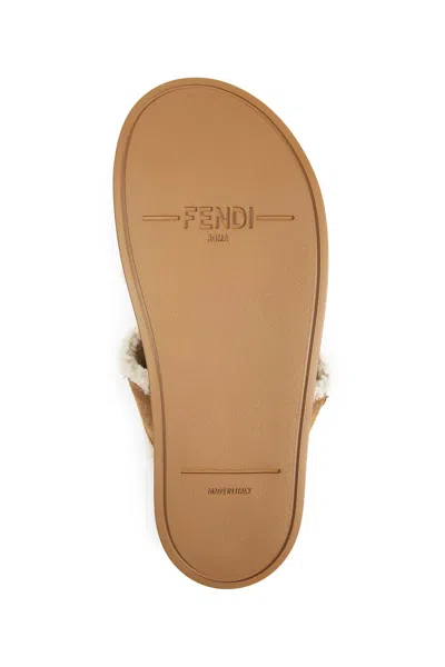 Fendi Ff Suede And Shearling Sandals In Brown