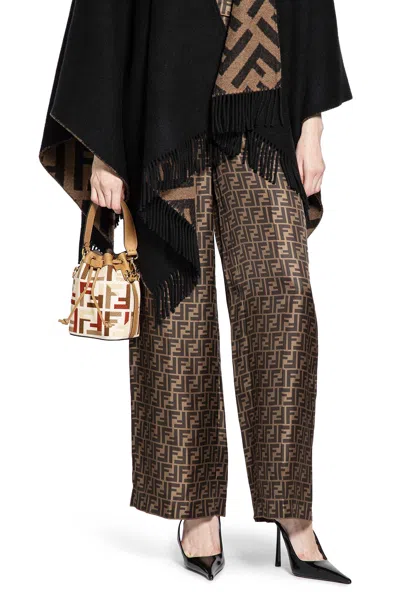 Fendi Ff Silk Twill Wide Leg Pants In Brown