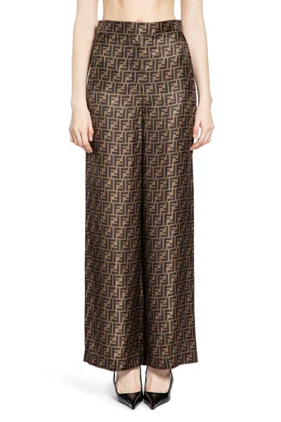Fendi Ff Silk Twill Wide Leg Pants In Brown