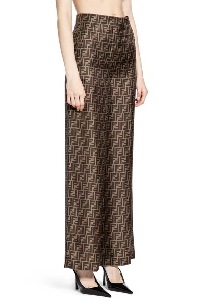 Fendi Ff Silk Twill Wide Leg Pants In Brown