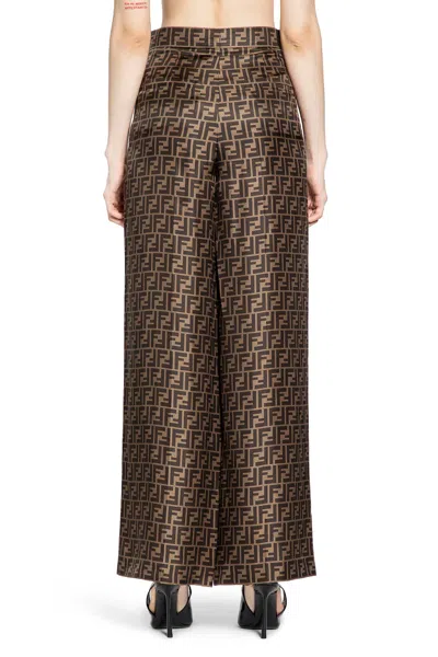 Fendi Ff Silk Twill Wide Leg Pants In Brown