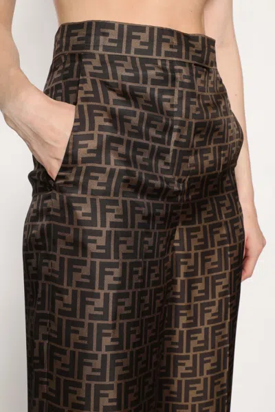 Fendi Ff Silk Twill Wide Leg Pants In Brown