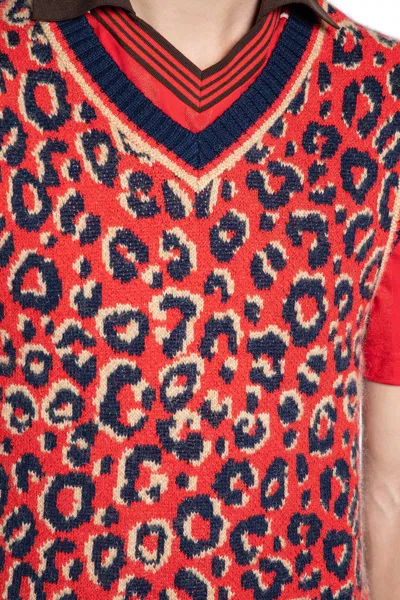 Adidas Originals Adidas X Wales Bonner Leopard Pattern V-neck Sweater Vest In Red