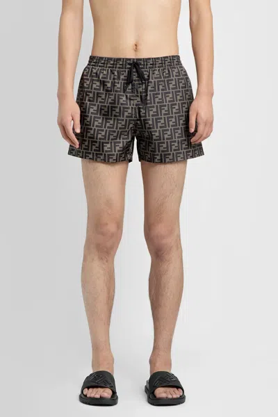 Fendi Tech Fabric With All-over Ff Pattern Swim Shorts In Brown