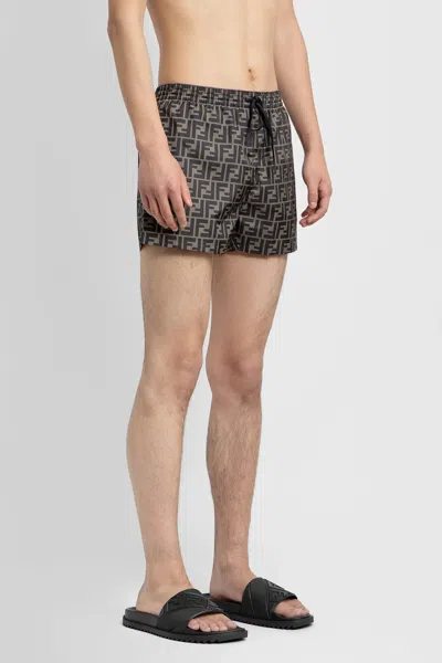 Fendi Tech Fabric With All-over Ff Pattern Swim Shorts In Brown