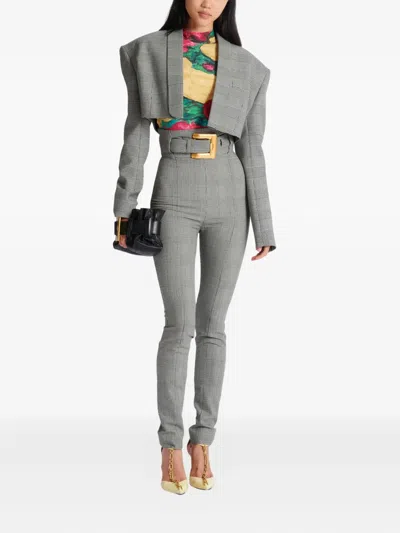 Balmain Prince Of Wales-check Cropped Jacket In Gray
