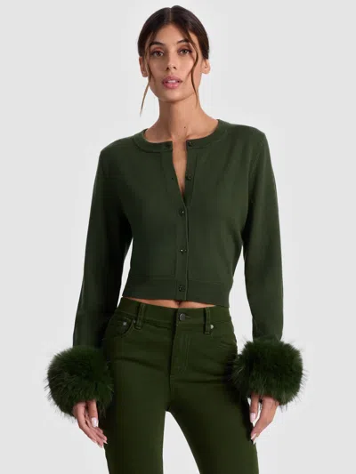 Alice And Olivia Dollie Faux Fur Cuff Cardigan In Green