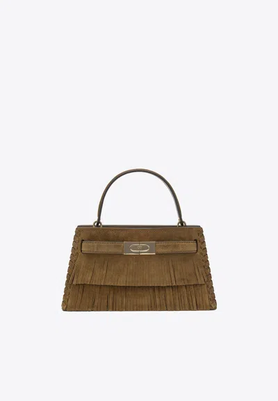 Tory Burch Lee Radziwill Fringed Suede Top Handle Bag In Brown
