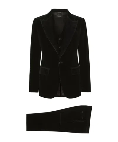 Dolce & Gabbana Tailored Suit Three Piece Velvet Texture In Black