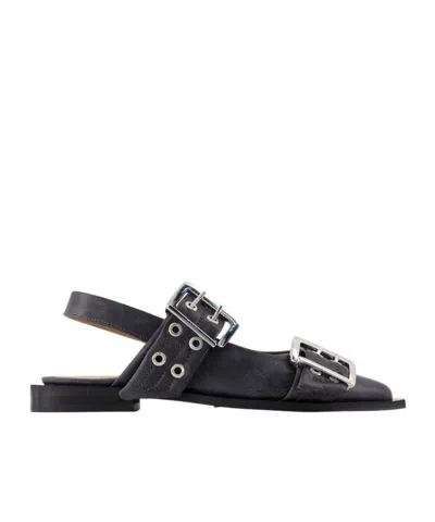 Ganni Womens Black Buckle-embellished Slingback Leather Ballet Flats In Multi
