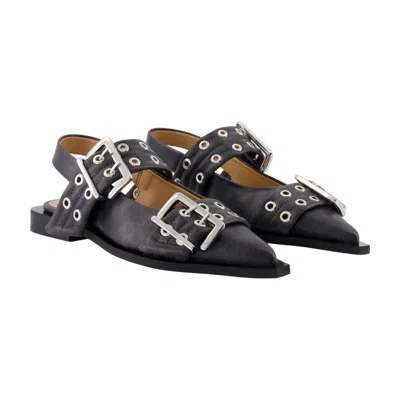 Ganni Womens Black Buckle-embellished Slingback Leather Ballet Flats In Multi