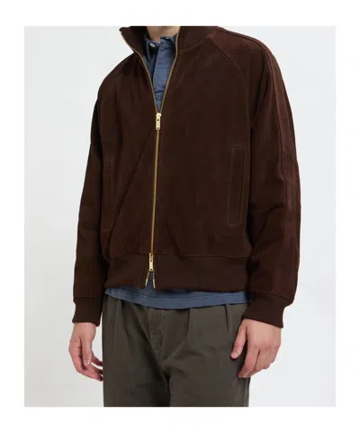 Baracuta Suede Track Jacket With Ribbed Collar And Cuffs In Brown
