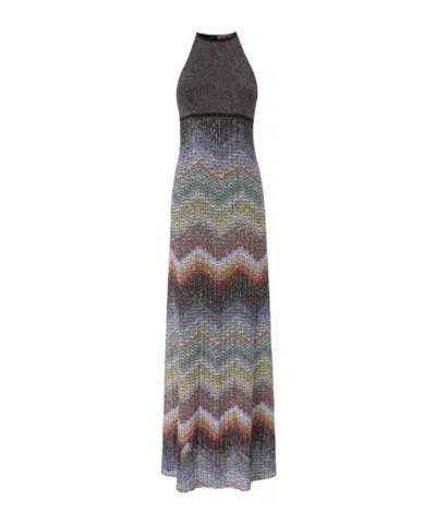 Missoni Long Dress With Halter Neck In Greek Zigzag Knit With Sequins In Gray