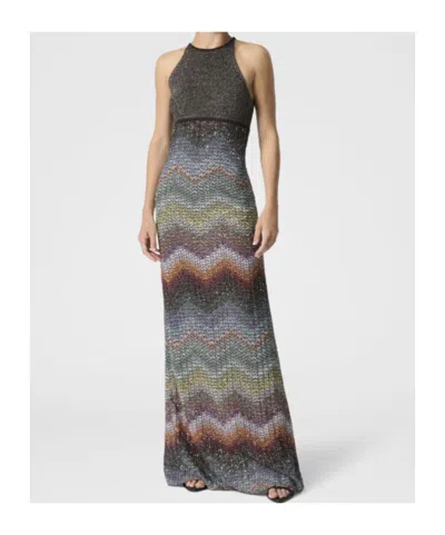 Missoni Long Dress With Halter Neck In Greek Zigzag Knit With Sequins In Gray
