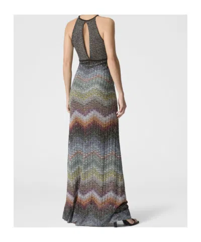 Missoni Long Dress With Halter Neck In Greek Zigzag Knit With Sequins In Gray