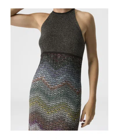 Missoni Long Dress With Halter Neck In Greek Zigzag Knit With Sequins In Gray