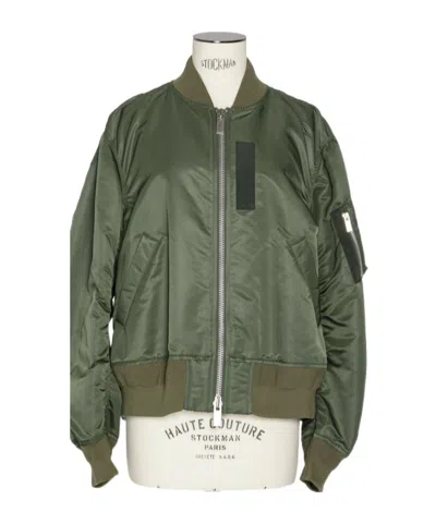 Sacai Pleated Padded Shell Bomber Jacket In Green