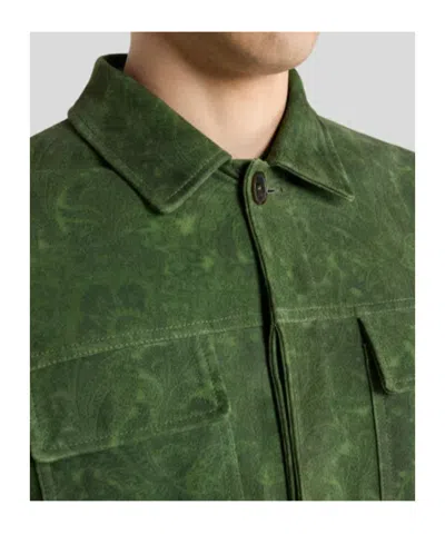 Etro Leather Jacket Collared Design Front Pockets In Green