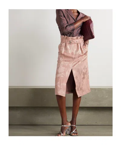 Dries Van Noten Belted Pleated Linen-blend Jacquard Skirt In Pink
