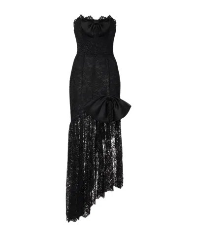 Alessandra Rich Bow-detailed Strapless Asymmetric Silk-lace Dress In Black