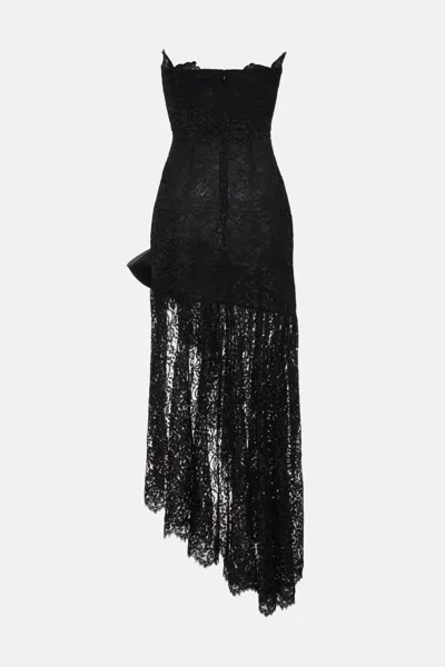 Alessandra Rich Bow-detailed Strapless Asymmetric Silk-lace Dress In Black
