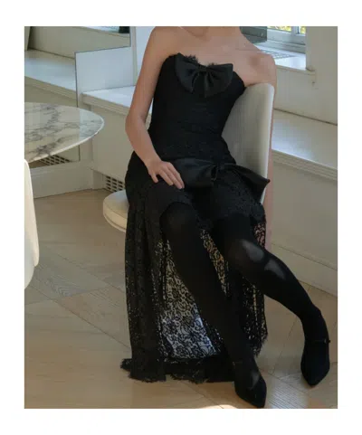 Alessandra Rich Bow-detailed Strapless Asymmetric Silk-lace Dress In Black