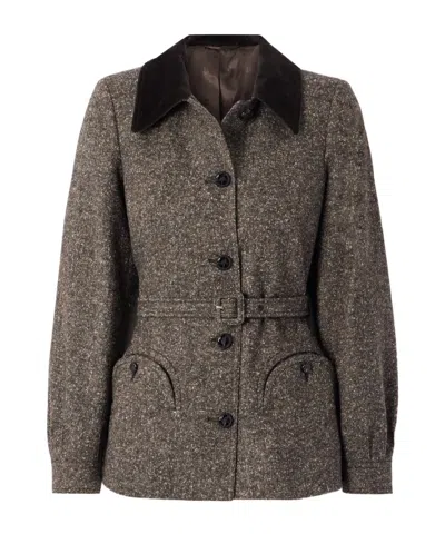 Blazé Milano Sarissa Belted Velvet-trimmed Tweed Jacket In Brown