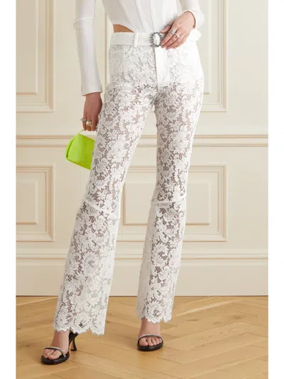 Alessandra Rich Belted Crystal-embellished Cotton-blend Lace Flared Pants In White