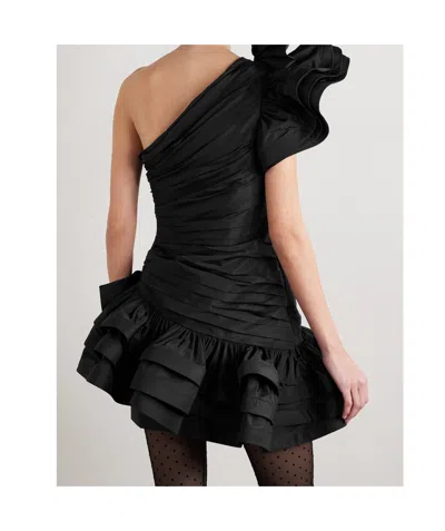 Alessandra Rich One-shoulder Bow-embellished Ruched Taffeta Mini Dress In Black