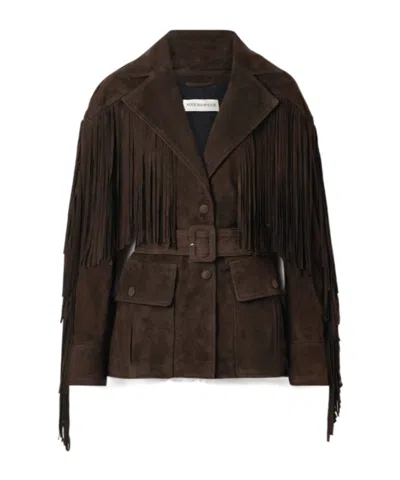 Nour Hammour Cassidy Belted Fringed Suede Jacket In Brown