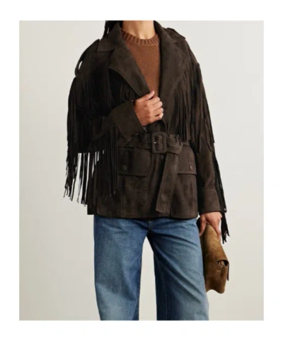 Nour Hammour Cassidy Belted Fringed Suede Jacket In Brown