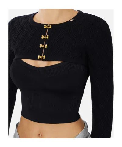 Elisabetta Franchi Knitted Cardigan With Jeweled Hooks In Black
