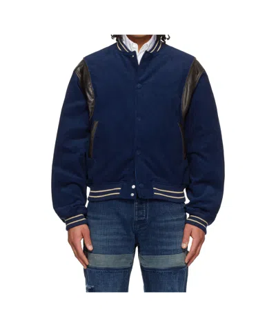 We11 Done Navy Leather Point Stadium Jacket In Blue