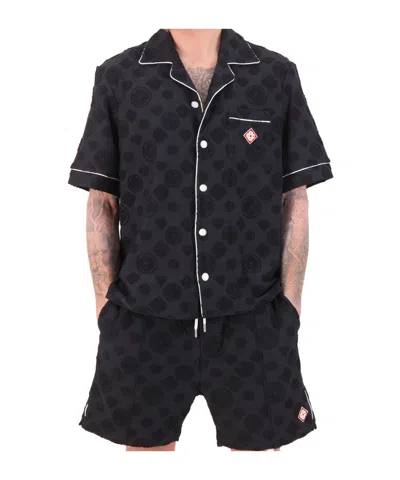 Casablanca Men Black Shirt With Classic Lapels And All-over Embossed Monogram In Cotton Man