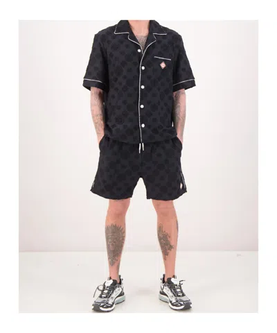 Casablanca Men Black Shirt With Classic Lapels And All-over Embossed Monogram In Cotton Man
