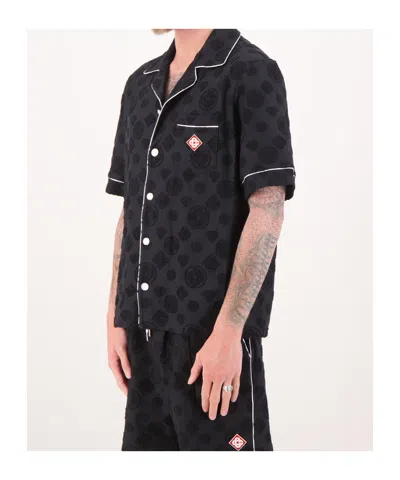 Casablanca Men Black Shirt With Classic Lapels And All-over Embossed Monogram In Cotton Man