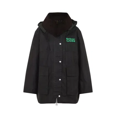 Barbour X Ganni Green Hood Ttn Duffle Wax Cotton Jacket In Black
