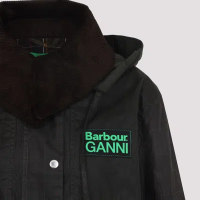 Barbour X Ganni Green Hood Ttn Duffle Wax Cotton Jacket In Black