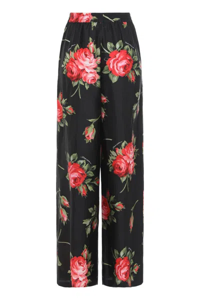Dolce & Gabbana Wide Twill Trousers With Rose Bouquet Print In Black