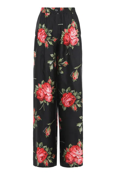 Dolce & Gabbana Wide Twill Trousers With Rose Bouquet Print In Multi