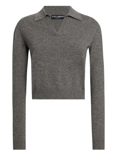 Dolce & Gabbana Knit Cropped Henley Long Sleeve Polo Top In Gray