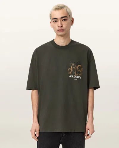 Allsaints Cotton Reticulate Oversized Graphic Snake Print T-shirt In Green