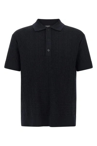 Balmain Textured Black Knitted Polo With Classic Collar In Multi