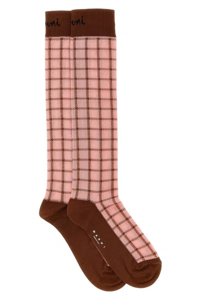 Marni Jacquard Checked-pattern Socks In Brown